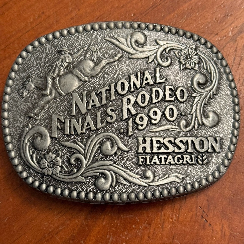 NEW 1990 Hesston Fiatagri National Finals Rodeo Belt Buckle Cowboy Horse Vintage